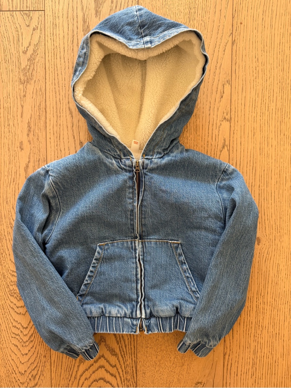 Cat & Jack Girls Denim Hooded Jean Jacket w/ Cream Sherpa Lining & Zipper Sz 8